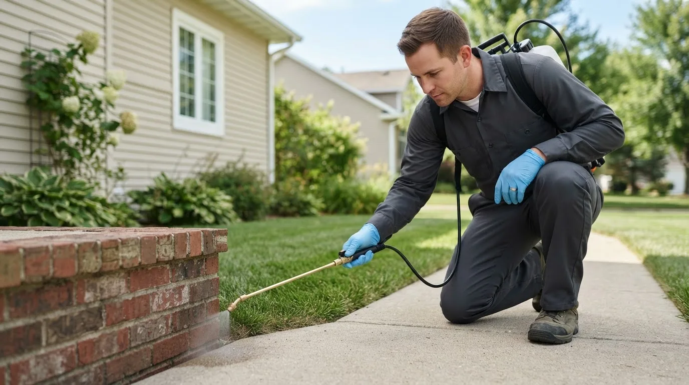 Pest control technician treating a home near Pierz, MN