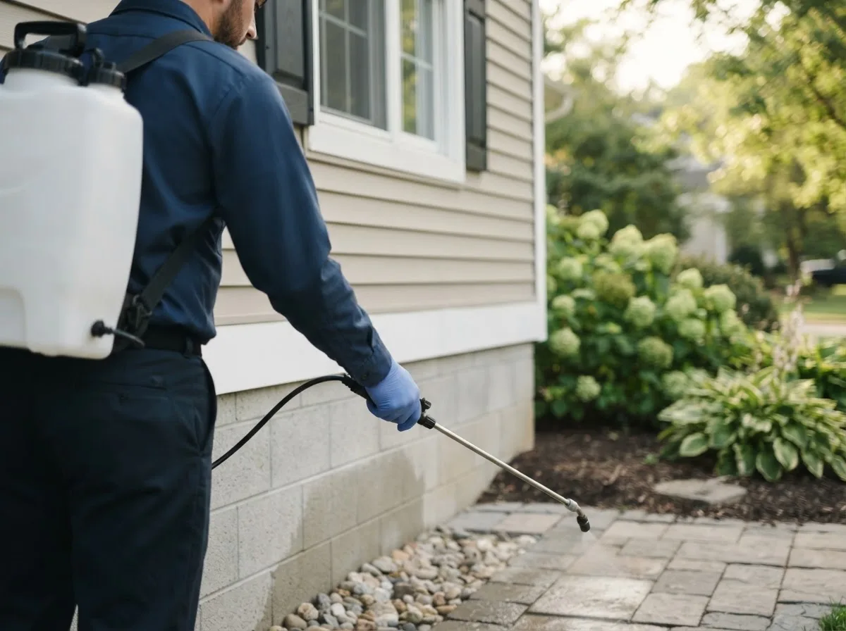 Pest control technician inspecting a home in Pierz, MN